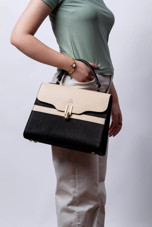 Glide Designer Leather Bag - Cream and Black